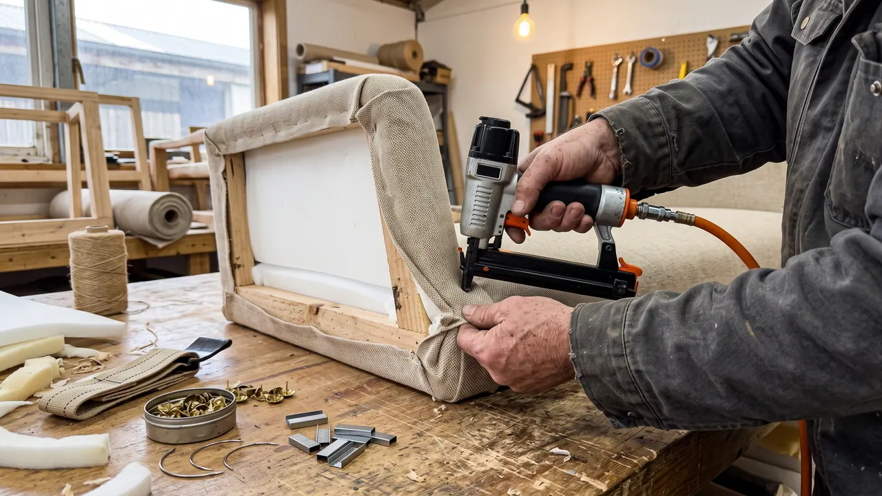 Manos grapando tela sobre el armazón de madera de un sillón