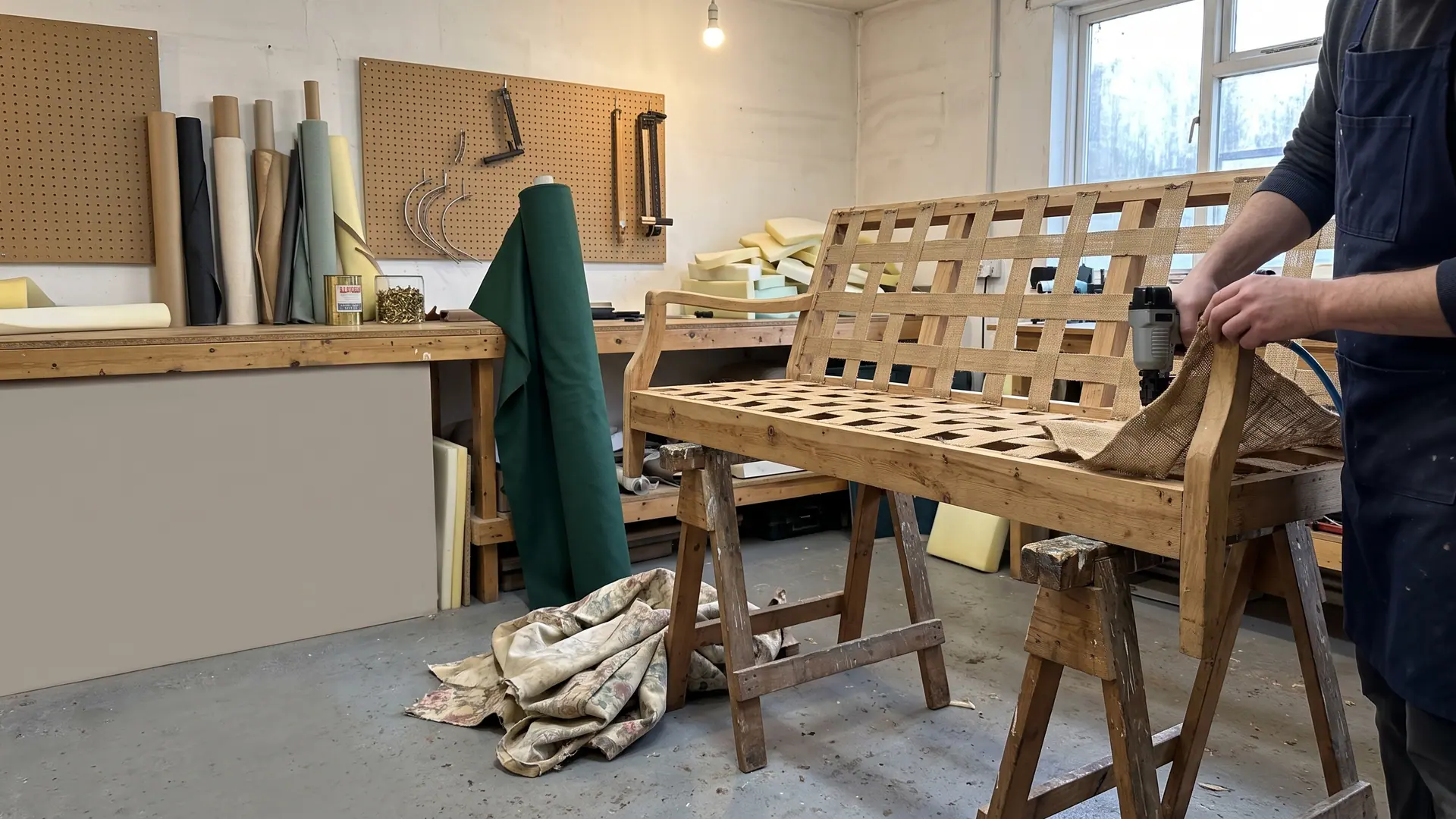 Taller de tapicería con un sillón de tres cuerpos desarmado sobre caballetes