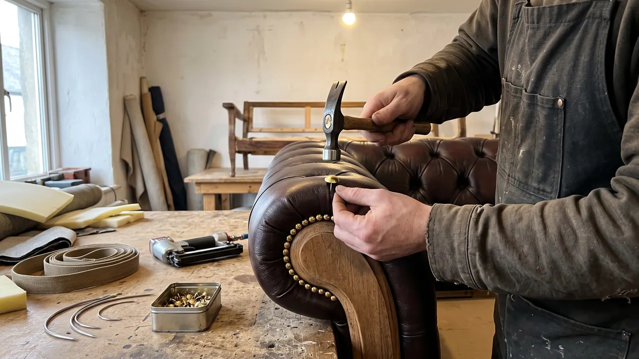 Detalle del capitoné y la fila de tachas de bronce del brazo de un Chesterfield