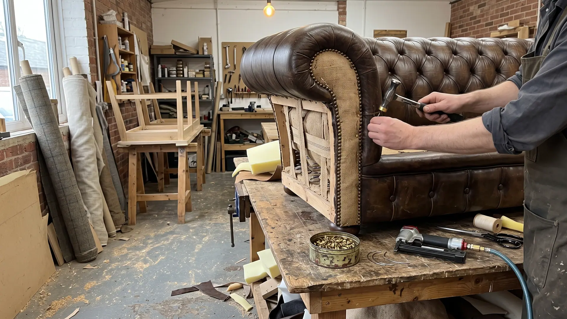 Sillón Chesterfield de cuero con capitoné profundo y tachas de bronce en el brazo