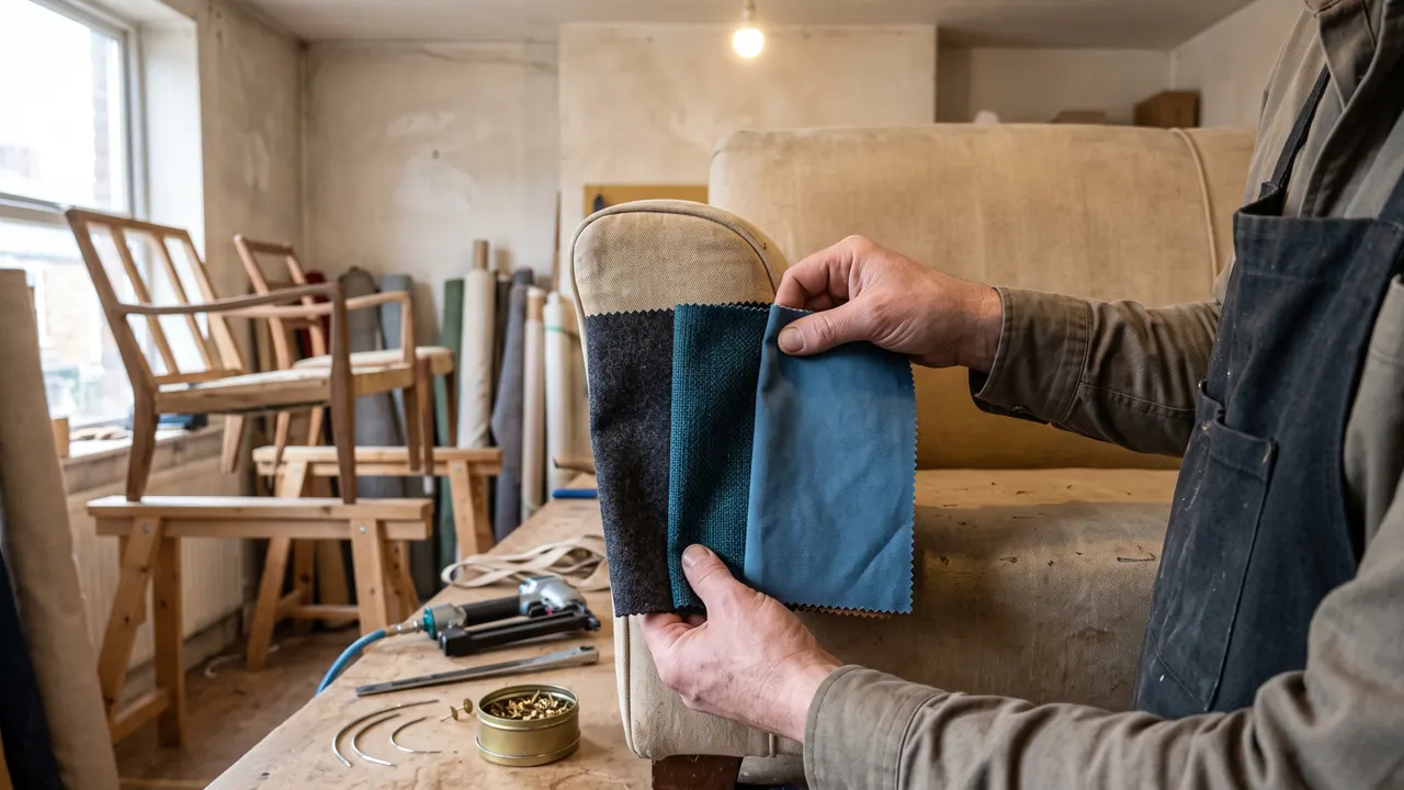 Mano sosteniendo muestras de tela junto al brazo de un sillón para comparar color